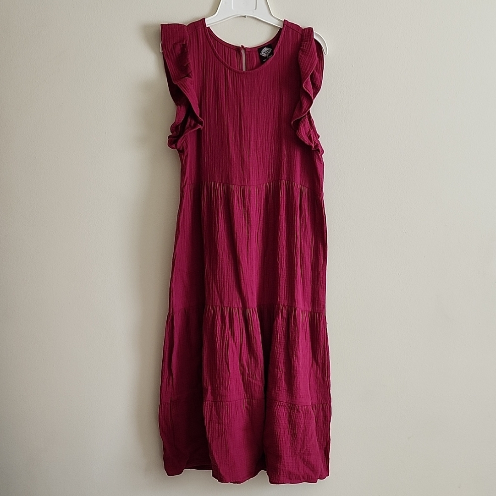 Calstyle Ruffled Detail Sleeveless Maxi Dress in Purple Burgandy Cotton Small